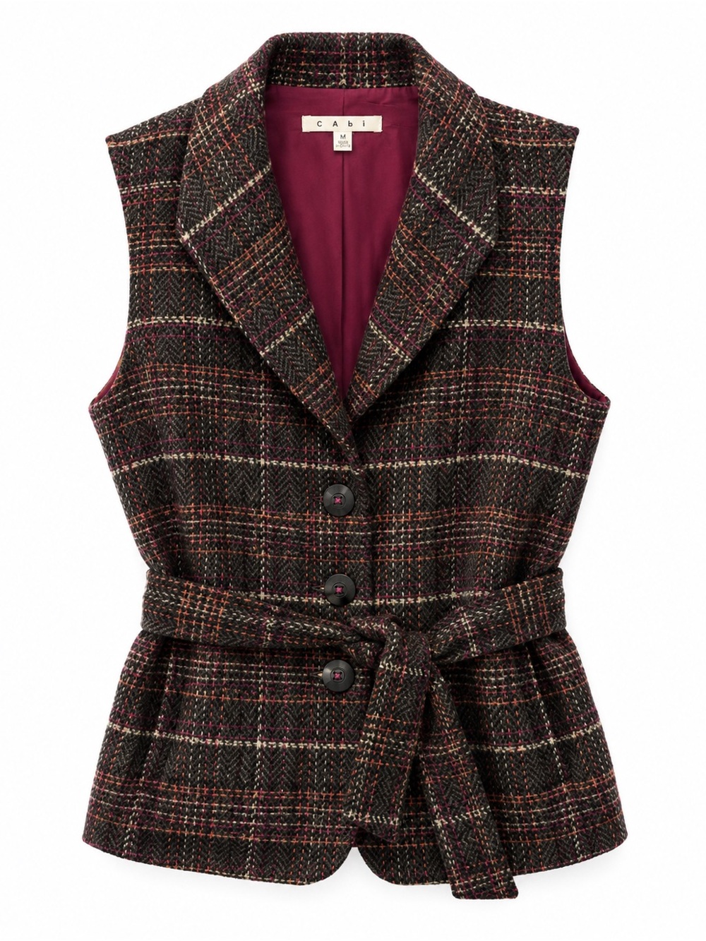 CAbi Burgundy Plaid Belted Wool-Blend Vest